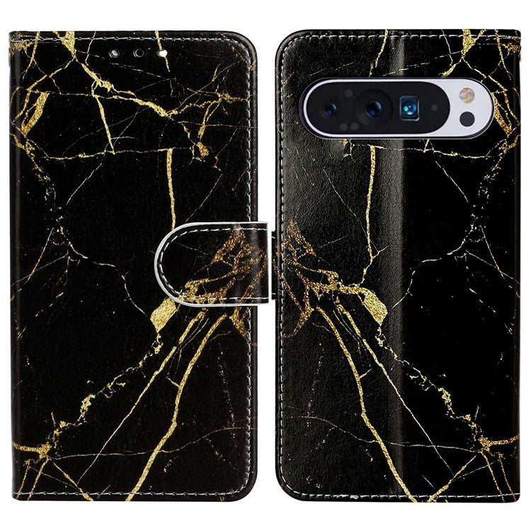 For Google Pixel 9 Pro / Pixel 9 Case Leather Pattern Design Flip Wallet Phone Cover - Black Gold Marble