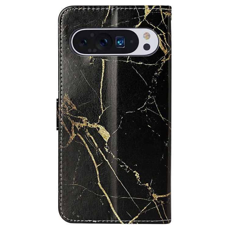 For Google Pixel 9 Pro / Pixel 9 Case Leather Pattern Design Flip Wallet Phone Cover - Black Gold Marble