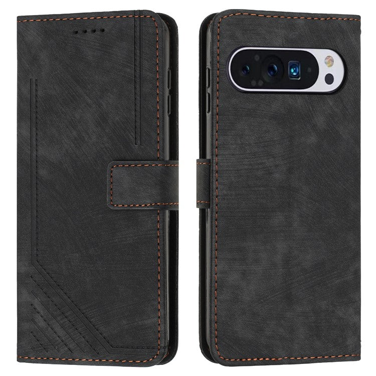 For Google Pixel 9 / Pixel 9 Pro Case Lines Leather Skin-Touch Phone Cover Stand Function - Black