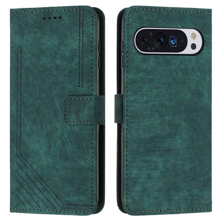 For Google Pixel 9 / Pixel 9 Pro Case Lines Leather Skin-touch Phone Cover Stand Function - Green