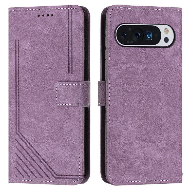 For Google Pixel 9 / Pixel 9 Pro Case Lines Leather Skin-touch Phone Cover Stand Function - Purple