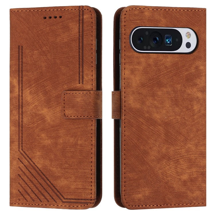 For Google Pixel 9 / Pixel 9 Pro Case Lines Leather Skin-touch Phone Cover Stand Function - Brown