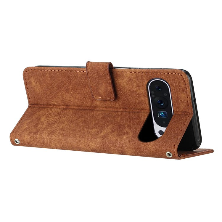 For Google Pixel 9 / Pixel 9 Pro Case Lines Leather Skin-touch Phone Cover Stand Function - Brown