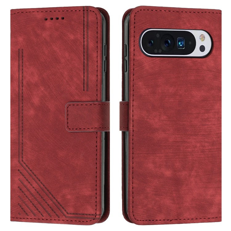 For Google Pixel 9 / Pixel 9 Pro Case Lines Leather Skin-touch Phone Cover Stand Function - Red