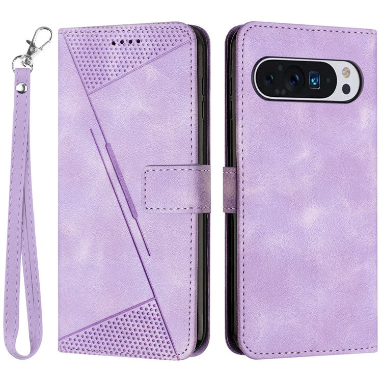 For Google Pixel 9 Pro XL Case Triangle Pattern Leather Wallet Purse Handbag Phone Cover - Purple