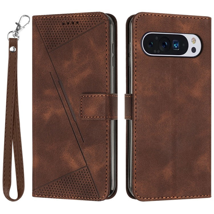 For Google Pixel 9 Pro XL Case Triangle Pattern Leather Wallet Purse Handbag Phone Cover - Brown