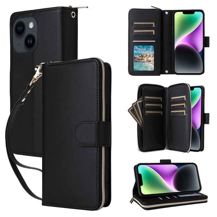 R20-For-iPhone-14-/-13-Case-Zipper-Pocket-Leather-Phone-Cover-Stand-View---Black