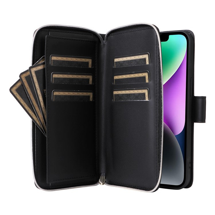 R20-For-iPhone-14-/-13-Case-Zipper-Pocket-Leather-Phone-Cover-Stand-View---Black