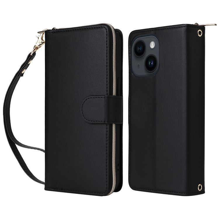 R20-For-iPhone-14-/-13-Case-Zipper-Pocket-Leather-Phone-Cover-Stand-View---Black