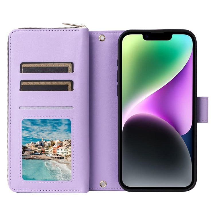 R20-For-iPhone-14-/-13-Case-Zipper-Pocket-Leather-Phone-Cover-Stand-View---Light-Purple