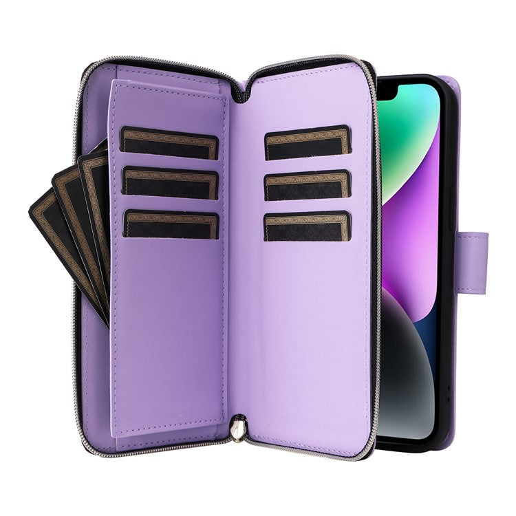 R20-For-iPhone-14-/-13-Case-Zipper-Pocket-Leather-Phone-Cover-Stand-View---Light-Purple