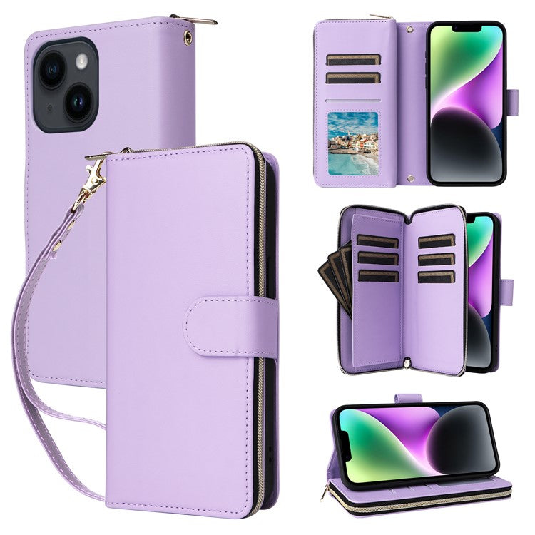 R20-For-iPhone-14-/-13-Case-Zipper-Pocket-Leather-Phone-Cover-Stand-View---Light-Purple