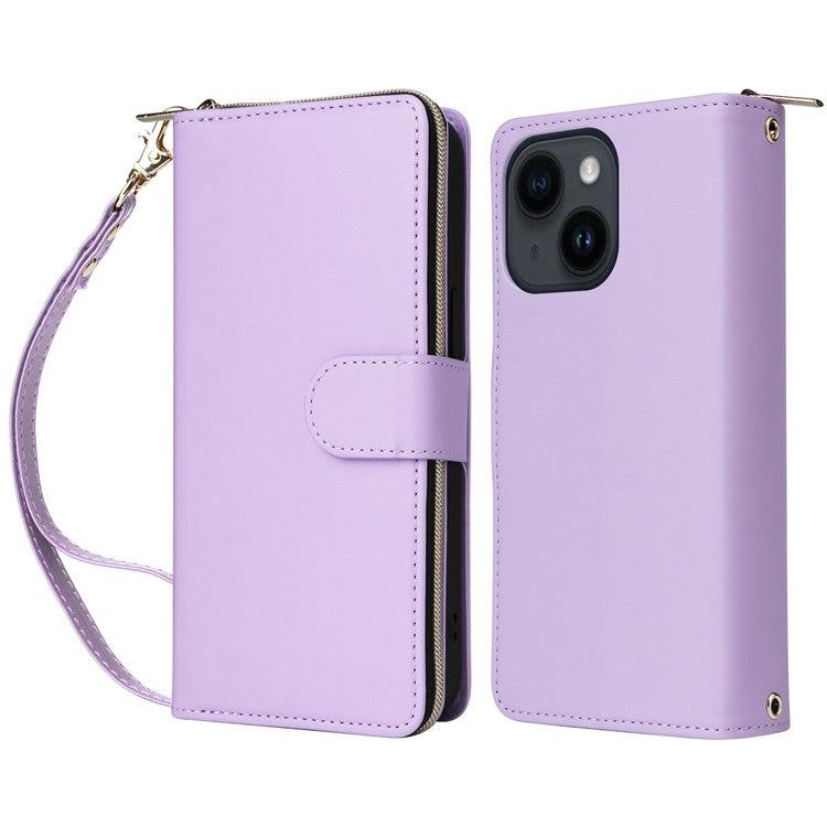 R20-For-iPhone-14-/-13-Case-Zipper-Pocket-Leather-Phone-Cover-Stand-View---Light-Purple