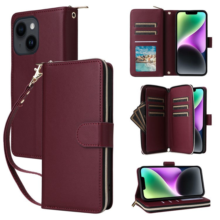 R20-For-iPhone-14-/-13-Case-Zipper-Pocket-Leather-Phone-Cover-Stand-View---Wine-Red