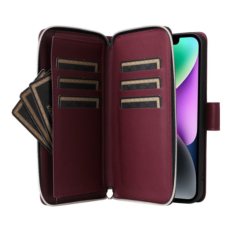 R20-For-iPhone-14-/-13-Case-Zipper-Pocket-Leather-Phone-Cover-Stand-View---Wine-Red