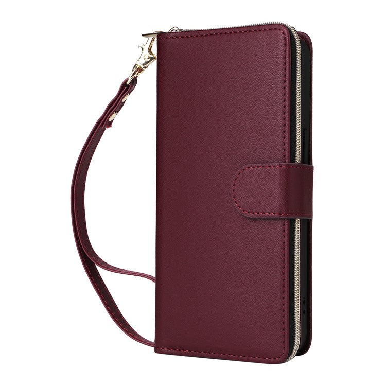 R20-For-iPhone-14-/-13-Case-Zipper-Pocket-Leather-Phone-Cover-Stand-View---Wine-Red