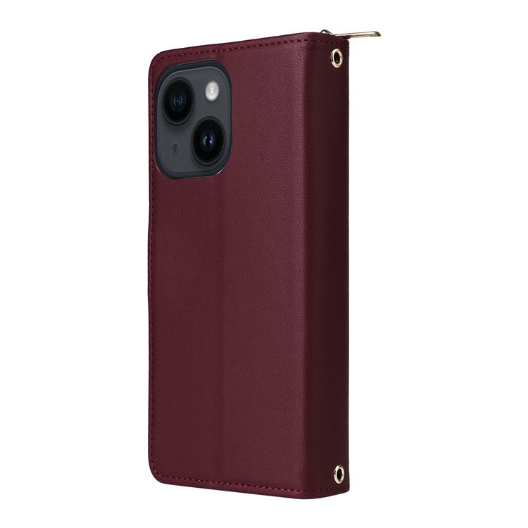 R20-For-iPhone-14-/-13-Case-Zipper-Pocket-Leather-Phone-Cover-Stand-View---Wine-Red