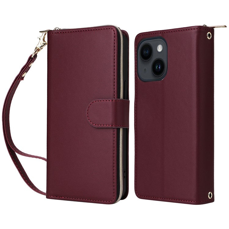 R20-For-iPhone-14-/-13-Case-Zipper-Pocket-Leather-Phone-Cover-Stand-View---Wine-Red