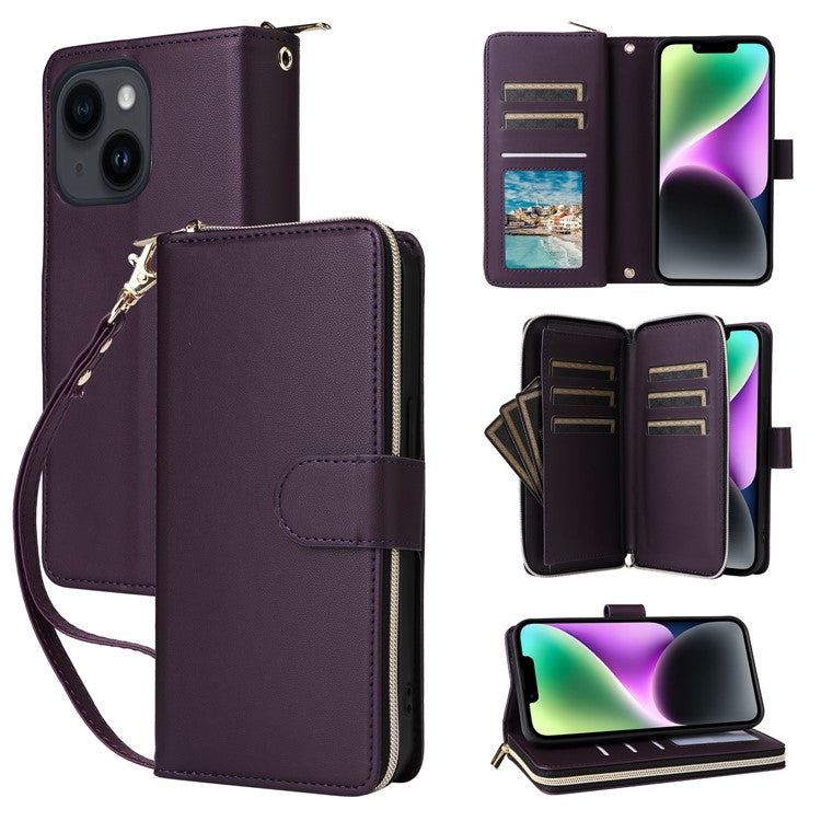 R20-For-iPhone-14-/-13-Case-Zipper-Pocket-Leather-Phone-Cover-Stand-View---Dark-Purple