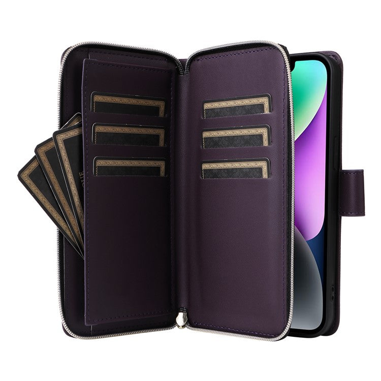 R20-For-iPhone-14-/-13-Case-Zipper-Pocket-Leather-Phone-Cover-Stand-View---Dark-Purple