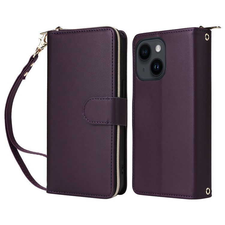 R20-For-iPhone-14-/-13-Case-Zipper-Pocket-Leather-Phone-Cover-Stand-View---Dark-Purple