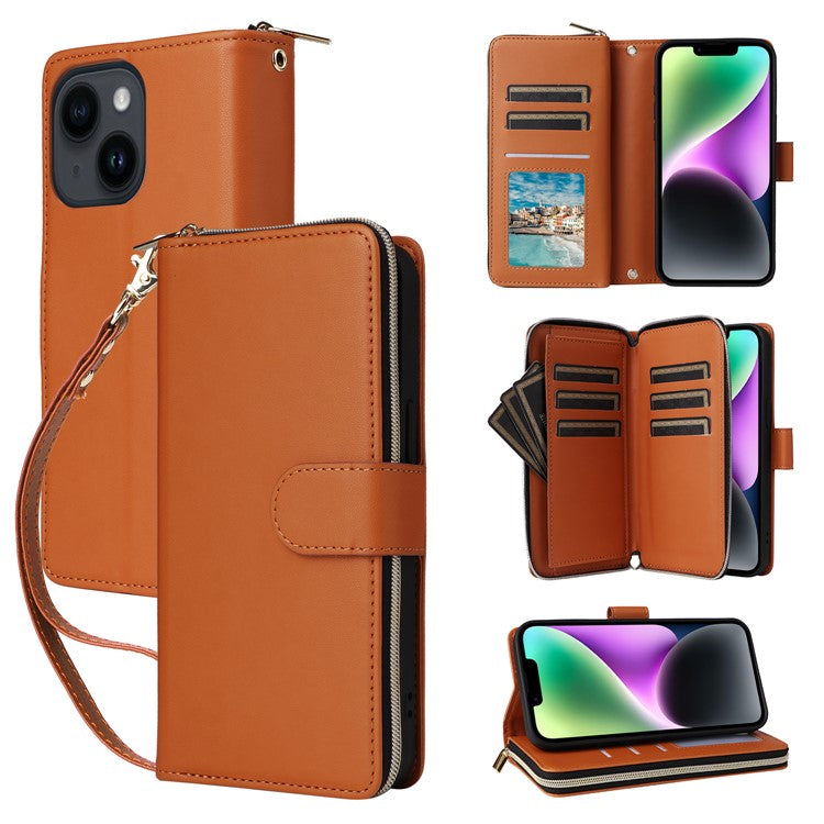 R20-For-iPhone-14-/-13-Case-Zipper-Pocket-Leather-Phone-Cover-Stand-View---Brown