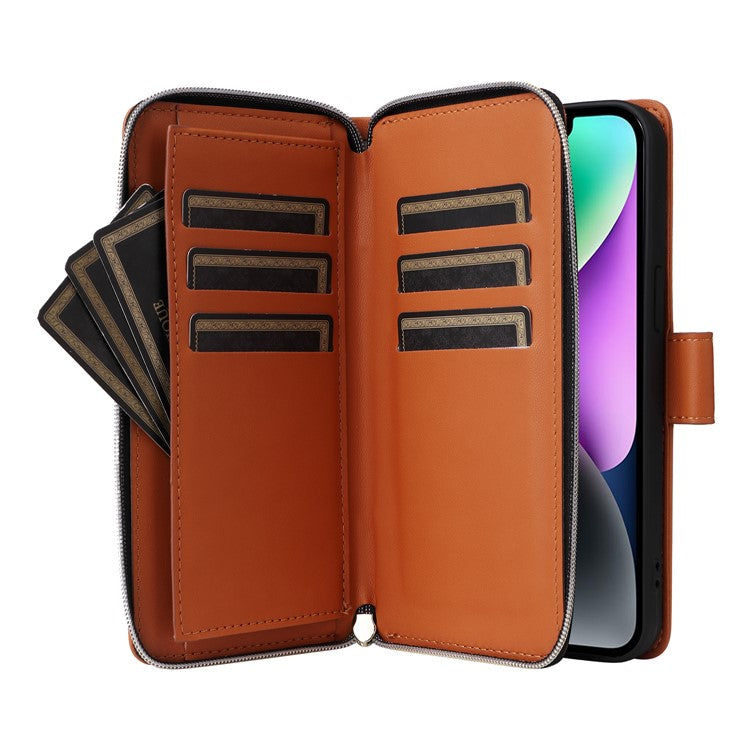 R20-For-iPhone-14-/-13-Case-Zipper-Pocket-Leather-Phone-Cover-Stand-View---Brown