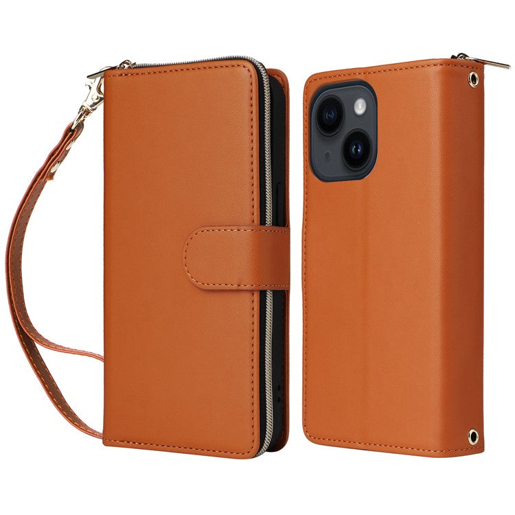 R20-For-iPhone-14-/-13-Case-Zipper-Pocket-Leather-Phone-Cover-Stand-View---Brown