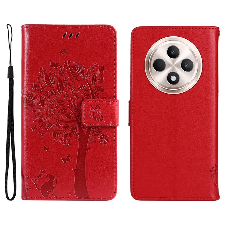 KT Imprinting Flower Series-3 For Oppo Reno12 F 4G Case Cat Tree Pattern Flip Leather Phone Cover - Red