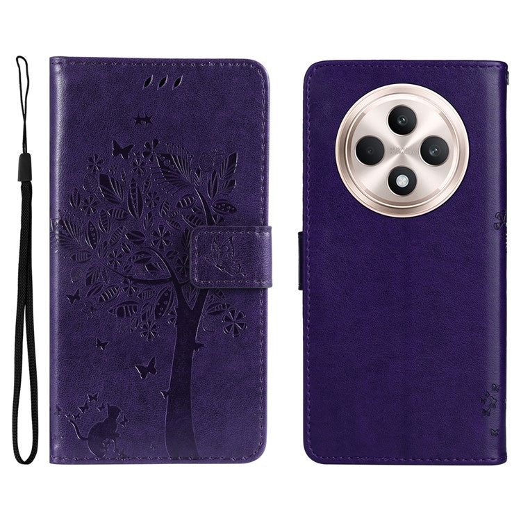 KT Imprinting Flower Series-3 For Oppo Reno12 F 4G Case Cat Tree Pattern Flip Leather Phone Cover - Purple