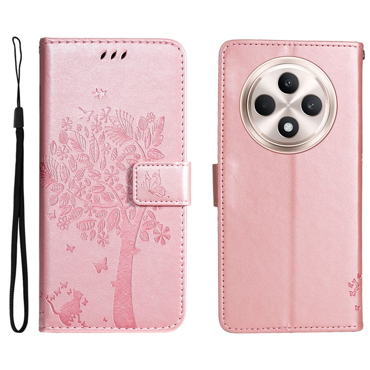 KT Imprinting Flower Series-3 For Oppo Reno12 F 4G Case Cat Tree Pattern Flip Leather Phone Cover - Rose Gold