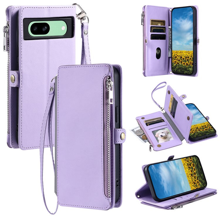 015 Style For Google Pixel 8a Wallet Case Drop-Proof Leather Phone Cover - Purple