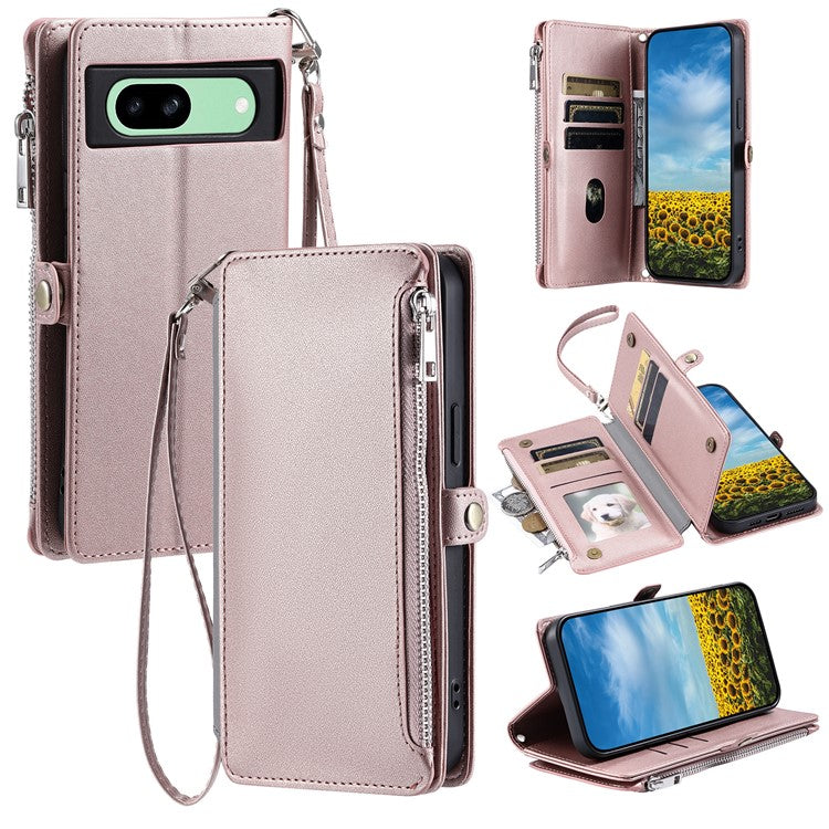 015 Style For Google Pixel 8a Wallet Case Drop-Proof Leather Phone Cover - Rose Gold