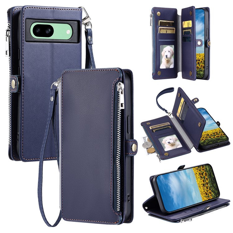 015 Style For Google Pixel 8a Wallet Case Drop-Proof Leather Phone Cover - Blue