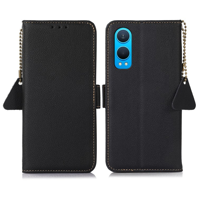 TJ For OnePlus Nord CE4 Lite 5G / Oppo K12x 5G (China) Case RFID Blocking Genuine Cow Leather Phone Cover - Black