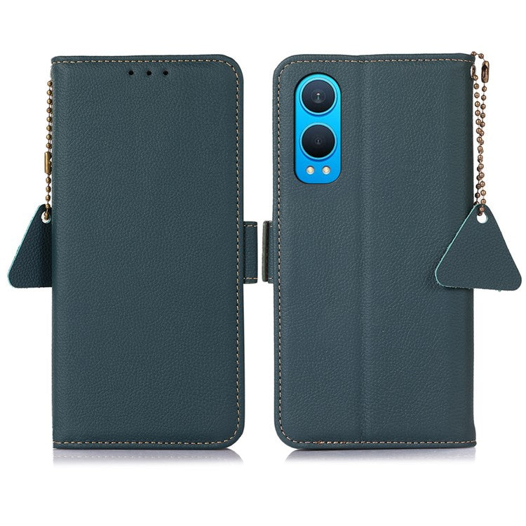 TJ For OnePlus Nord CE4 Lite 5G / Oppo K12x 5G (China) Case RFID Blocking Genuine Cow Leather Phone Cover - Green