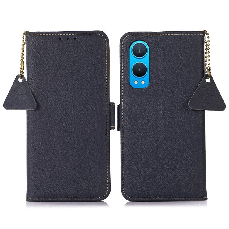 TJ For OnePlus Nord CE4 Lite 5G / Oppo K12x 5G (China) Case RFID Blocking Genuine Cow Leather Phone Cover - Blue