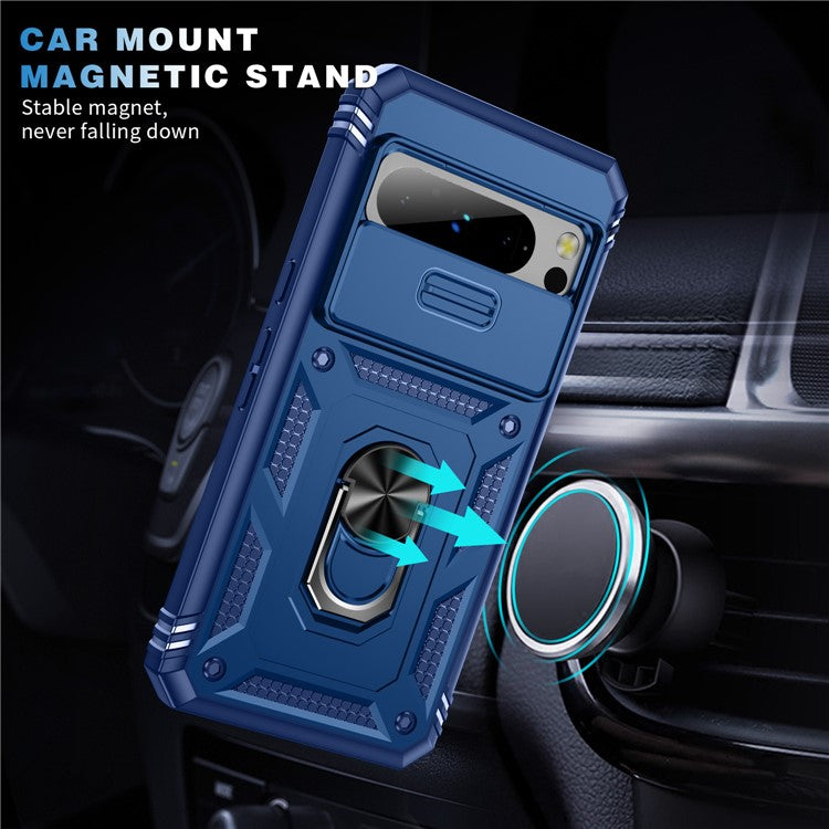 For Google Pixel 8 Pro Case Camshield Ring Holder Kickstand TPU+PC Phone Cover - Blue