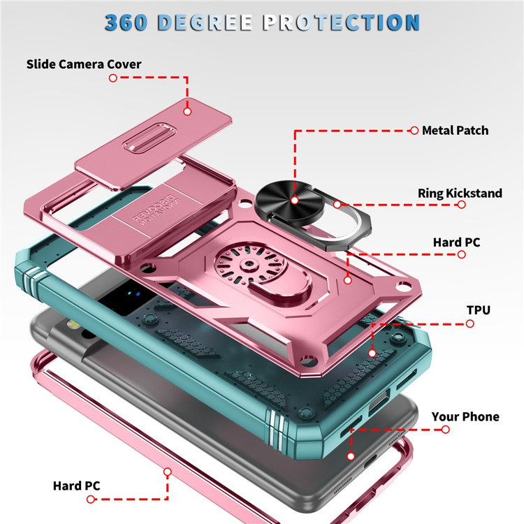 For Google Pixel 8 Pro Case Camshield Ring Holder Kickstand TPU+PC Phone Cover - Pink+Green