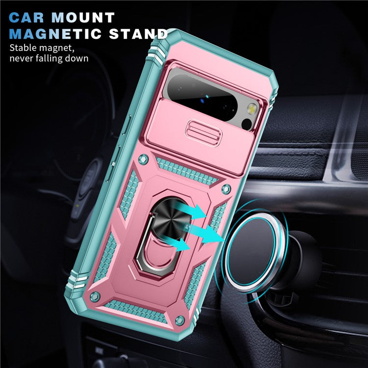 For Google Pixel 8 Pro Case Camshield Ring Holder Kickstand TPU+PC Phone Cover - Pink+Green