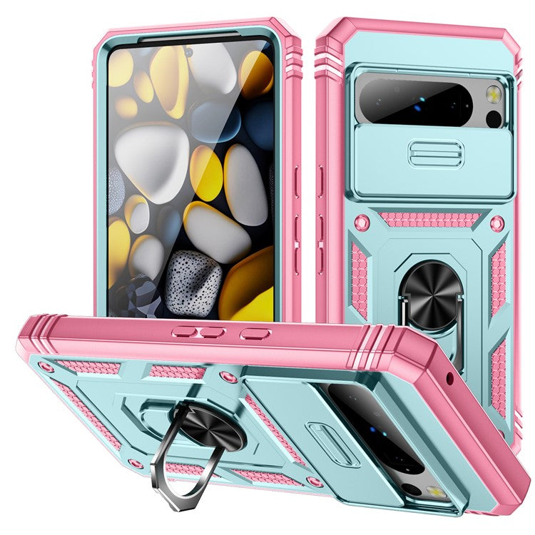 For Google Pixel 8 Pro Case Camshield Ring Holder Kickstand TPU+PC Phone Cover - Green+Pink