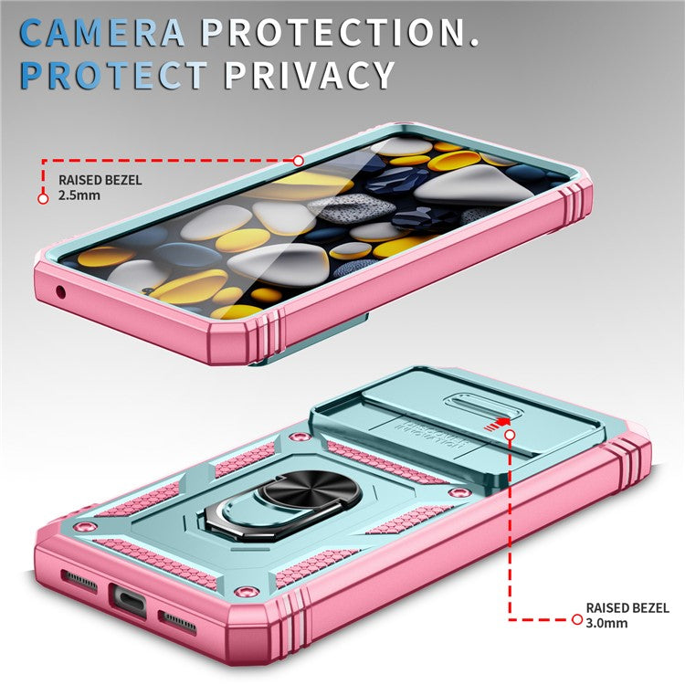 For Google Pixel 8 Pro Case Camshield Ring Holder Kickstand TPU+PC Phone Cover - Green+Pink