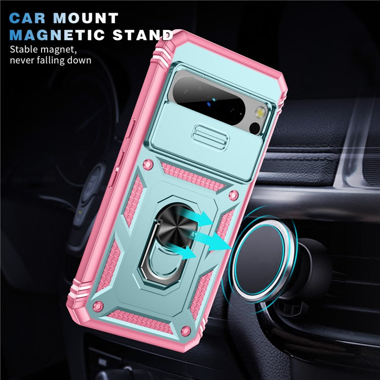 For Google Pixel 8 Pro Case Camshield Ring Holder Kickstand TPU+PC Phone Cover - Green+Pink