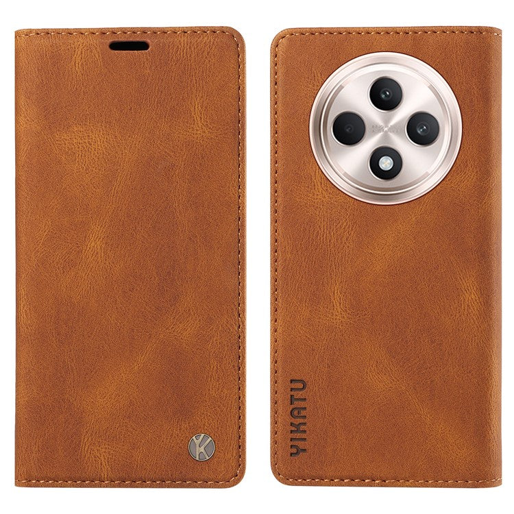 YIKATU YK-004 For Oppo Reno12 F 4G Case Leather Magnetic Auto-absorbed Phone Cover Skin-touch - Brown