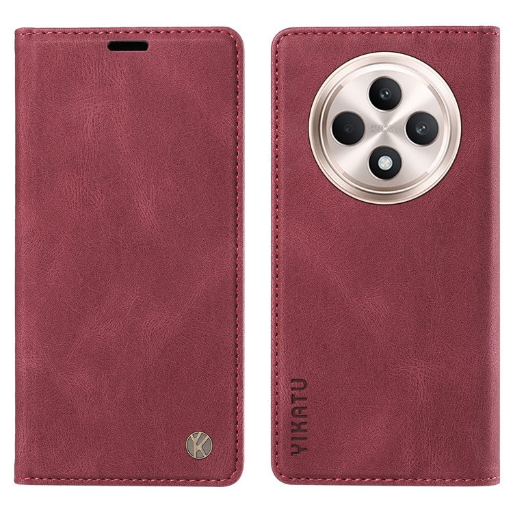 YIKATU YK-004 For Oppo Reno12 F 4G Case Leather Magnetic Auto-absorbed Phone Cover Skin-touch - Wine Red