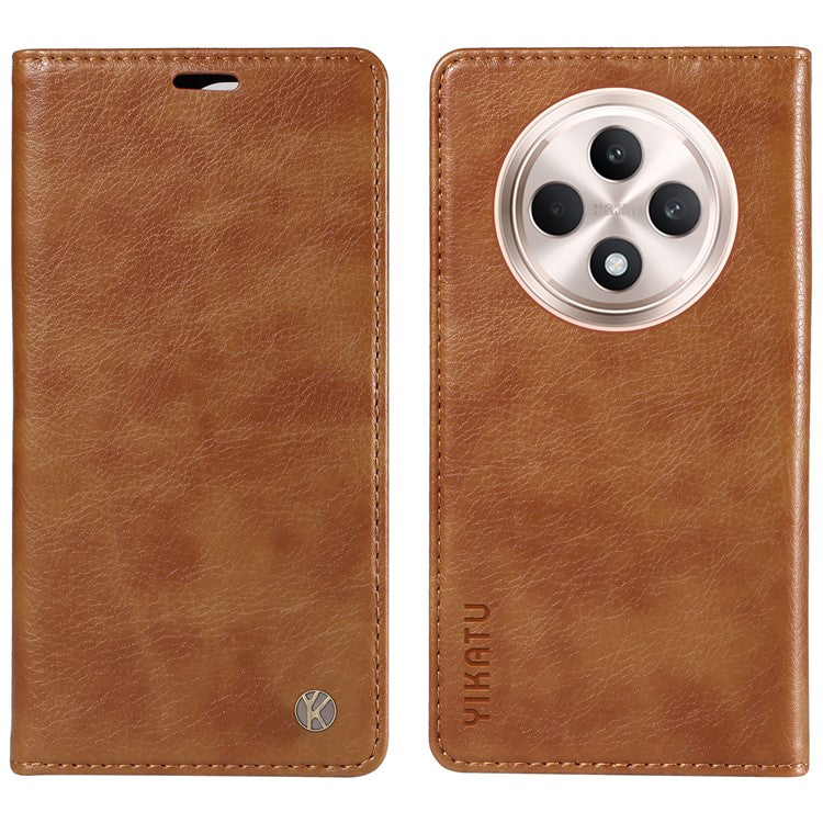 YIKATU YK-006 For Oppo Reno12 F 4G Case Wallet Litchi Grain Leather Phone Cover Magnetic Auto-Absorbed - Brown