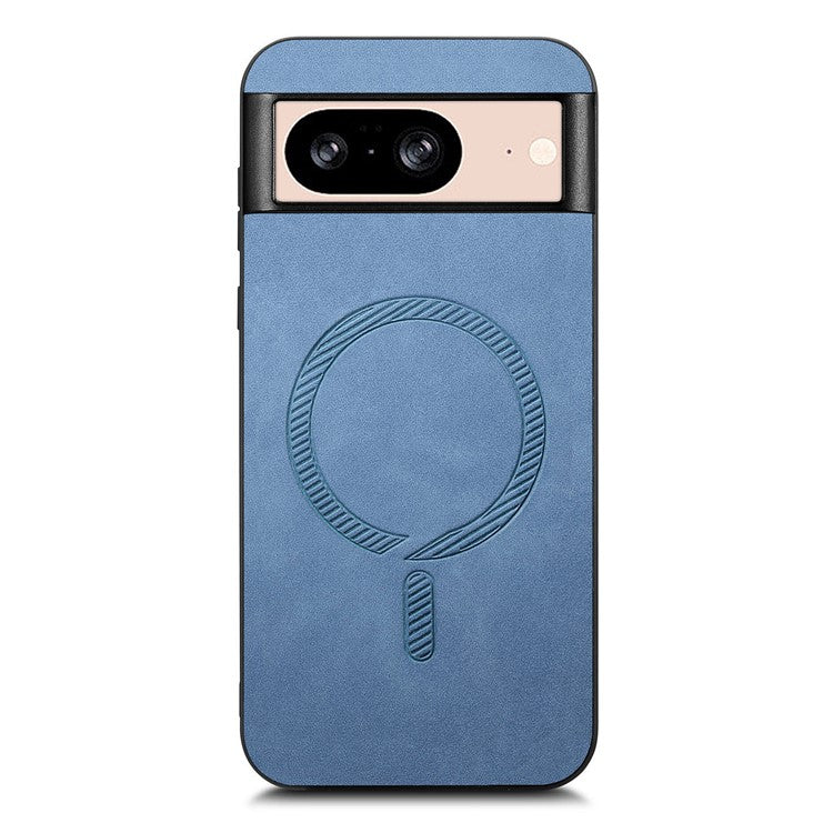 For Google Pixel 8 Leather Back Case Compatible with MagSafe Skin-touch Phone Cover - Blue