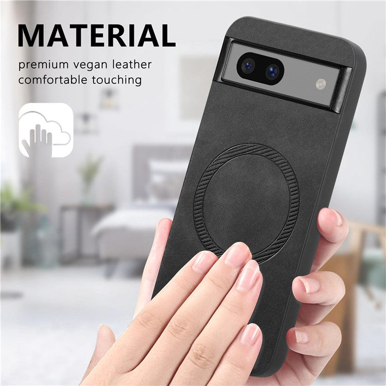 For Google Pixel 7a Leather Back Case Compatible with MagSafe Skin-touch Phone Cover - Black