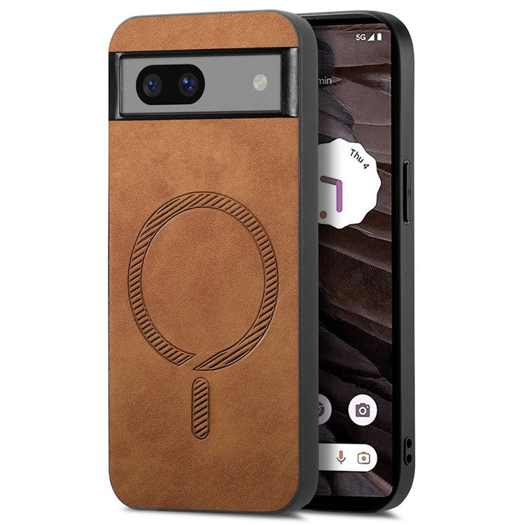 For Google Pixel 7a Leather Back Case Compatible with MagSafe Skin-touch Phone Cover - Brown