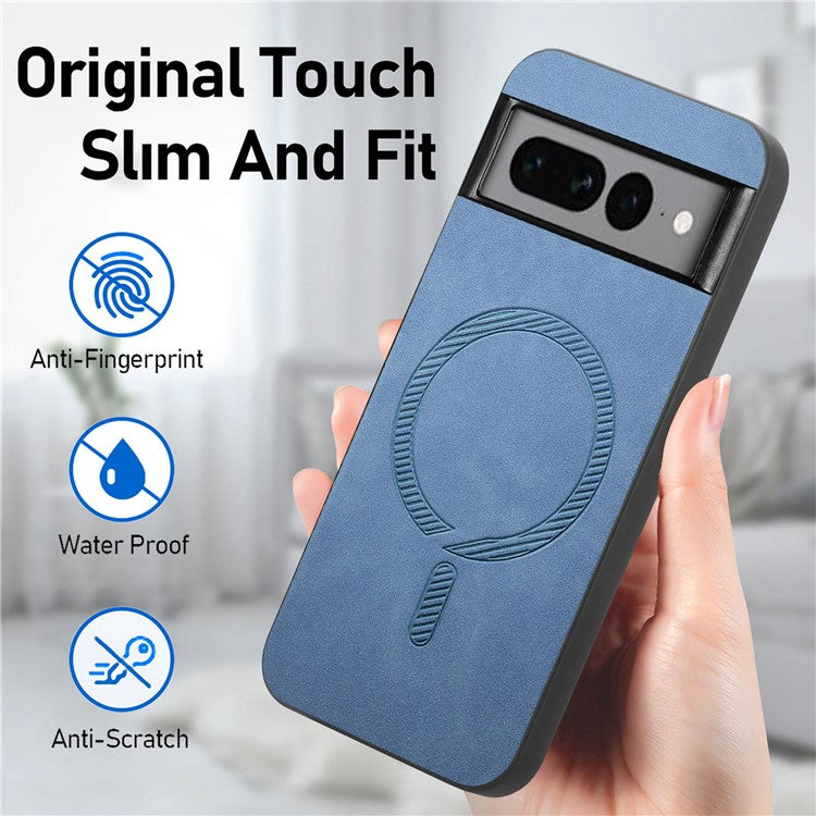 For Google Pixel 7 Pro 5G Leather Back Case Compatible with MagSafe Skin-touch Phone Cover - Blue